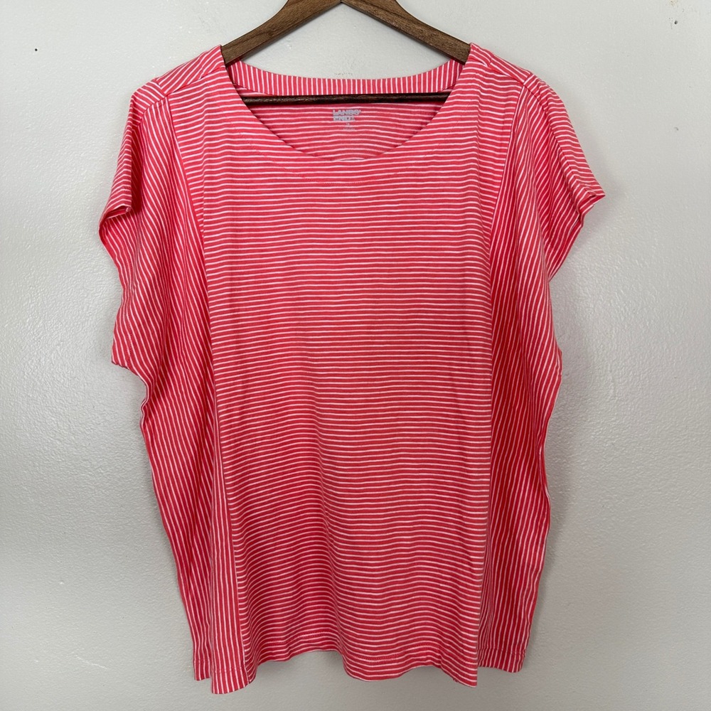 Lands' End Women's 1X T-Shirt Pink White Striped Cotton Crew Neck